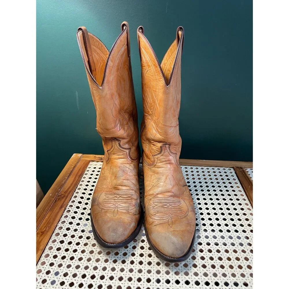 Vintage Justin Style 1632 Cowboy Boots Men's Size 11 D Tan Leather Western USA